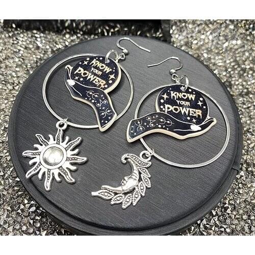 Crescent Moon and Sun Tibetan Silver Drop Earrings Boho Pagan Gift Know Your Power Earrings