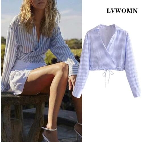 LVWOMN Za Summer Sexy Tie Straps Crop Tops Woman Fashion Stripes V Neck Long Sleeve Shirt Women Clothing Female Blouses Chic Top