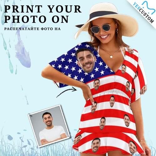 YesCustom Face Women One Piece Cover Up Dress American Flag Beach Bathing Suit Tunic Pareo Fishtail Skirt Personalized Gifts