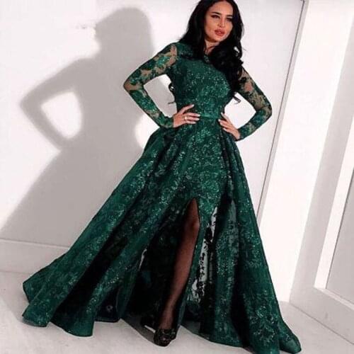 Green Muslim Appliques Lace Mermaid Evening Dresses Simple Full Sleeve High Neck Floor Length Prom Gown robe de soiree