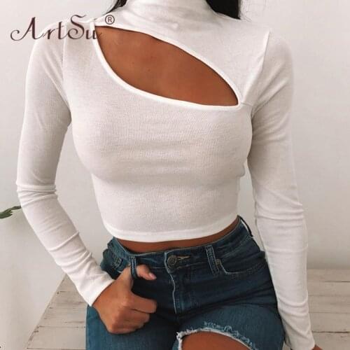 ArtSu Chest Hollow Out Ribbed Knitted Long Sleeve T-Shirt Women 2021 Spring Sexy Skinny Crop Tops Female Fashion White Tee Shirt