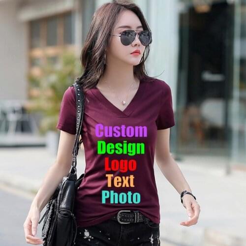 Personalized custom picture LOGO boutique female summer new female short-sleeved T-shirt V-neck 95 cotton bottoming shirt