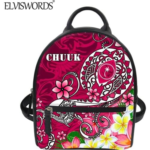 ELVISWORDS Lovely Polynesian Flowers Print Women Mini PU Backpack Chuuk Tribal Design Small Size Casual Shoulder Sack for Female