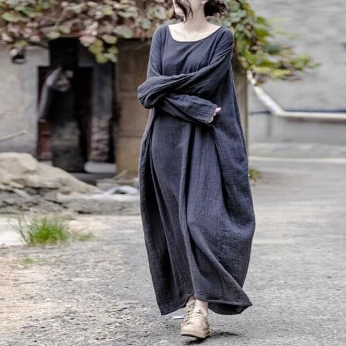 Johnature 2021 Autumn Winter New Women Maxi Dress Loose Vintage Cotton Linen Robes Warm O-Neck Double Thicken Long Dress Brief