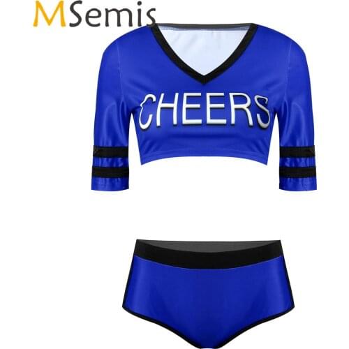 Womens Lingerie Sexy Cheerleader Costume Letter Print Halloween Fancy Dress Up V Neck Short Sleeve Crop Top with Briefs Panties