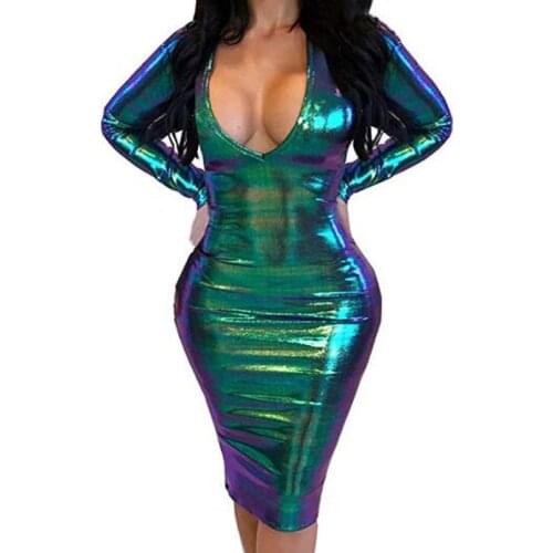 Plus Size Women Spring Autumn Dress Novelty Deep V-neck Bodycon Knee-length Dresses Long Sleeve Vestido Nightclub Party Clubwear