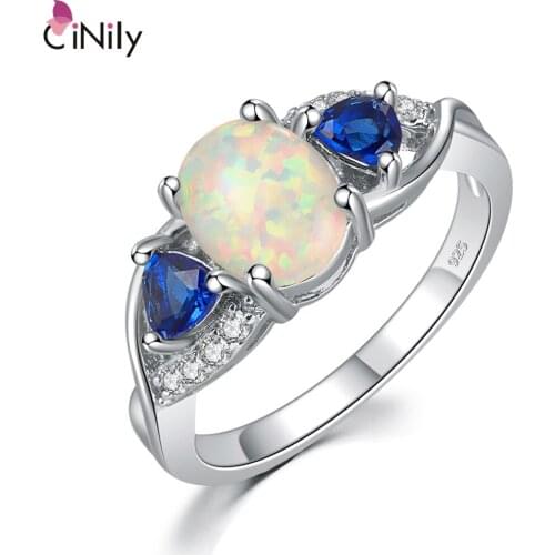 CiNily Created White Fire Opal Blue Zircon Cubic Zirconia Silver Plated Ring Wholesale for Women Jewelry Ring Size 6 7 8 OJ8992