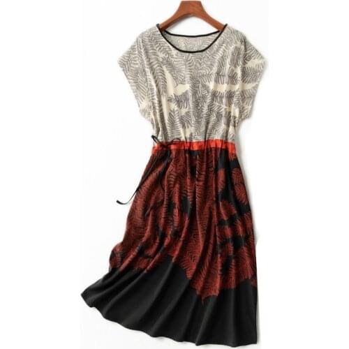 Women Summer 100% Silk Dress O neck Vintage Natural silk dresses Print Elegant Dress Casual holiday real silk dress
