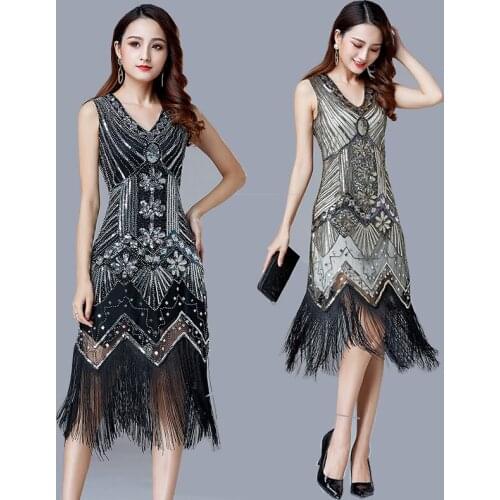 2020 Vintage Flapper Great Gatsby Party Dress V-Neck Sleeveless Sequin Beaded style Style Tassel Flapper Vestidos Feminina 1920