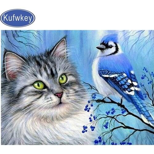 5d diy diamond painting cat and blue bird 3d hand craft cross stitch diamond full mosaic embroidery full drill handmade art gift