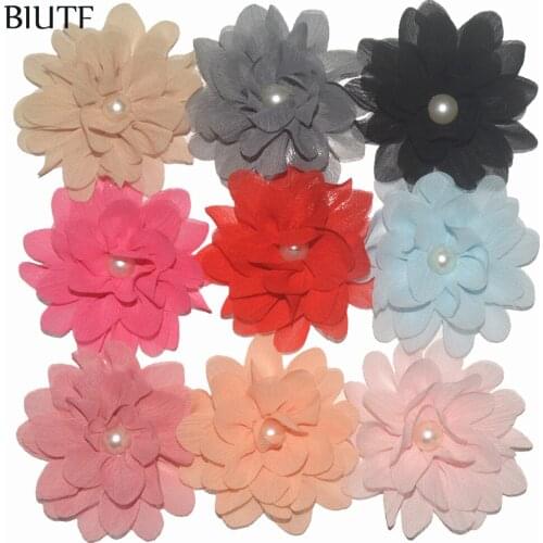 80pcs/lot 3.2 inch Hair Clip with Lovely Pearl Centered Chiffon Flower Headband Dress Apparel Accessories 28 Colors MH83