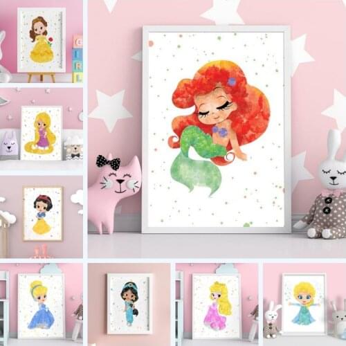 Watercolor Disney Classic Cartoon Princess Canvas Painting Posters Nursery Wall Art Pictures for Kids Room Home Cuadros Decor