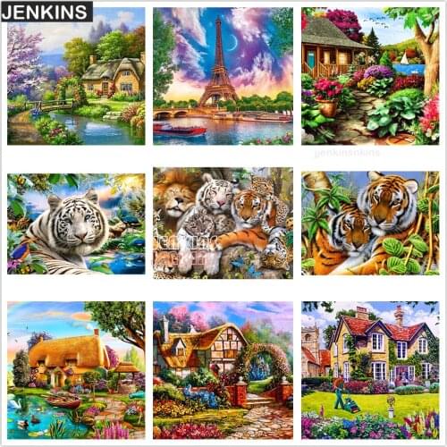 Diomand Painting Nature Scenery Countryside Idyllic Landscape Tiger Embroidery Cross Stitch Mosaic Picture Home Decor Craft Gift