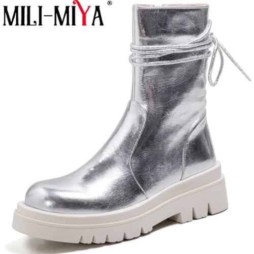 MILI-MIYA 2021 New Ankle Boots Women Thick Bottom Round Toe Genuine Leather Black White Sliver Lace Up Platform Casual Shoes