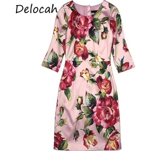 Delocah Women Summer Fashion Runway Party Short Dress 3/4 Sleeve Floral Print High Waist Bodycon Ladies A-Line Dresses vestidos