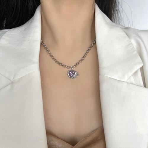Exquisite Purple Crystal Heart-shaped Pendant Necklace Punk Hip Hop Women Silver Color Chain Accessories Fashion Party Jewelry