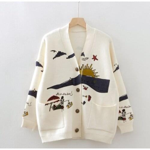 Cardigan Sweater Womens Autumn And Winter New Loose Cute Print Joker Long Sleeve Womens Knitted Jacket Sweaters Oversize 2021