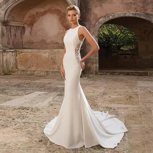 Crepe Fit and Flare Dress with Illusion Lace Side Cutouts Sleeveless O-neck Mermaid Wedding Dress Button Down Satin Bridal Gowns