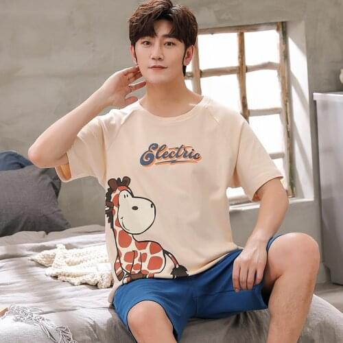 Summer Men Pajamas Funny Kawaii Giraffe Cartoon Sleepwear Loose Homewear Plus Size Cotton Short Sleeve Outdoor Nightgowns Male