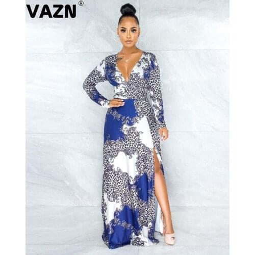 VAZN 2021 Hot List High-end Sexy Club Retro Free Sweet Deep V-Neck Full Sleeve Women High Waist Thin A-Line Maxi Dress