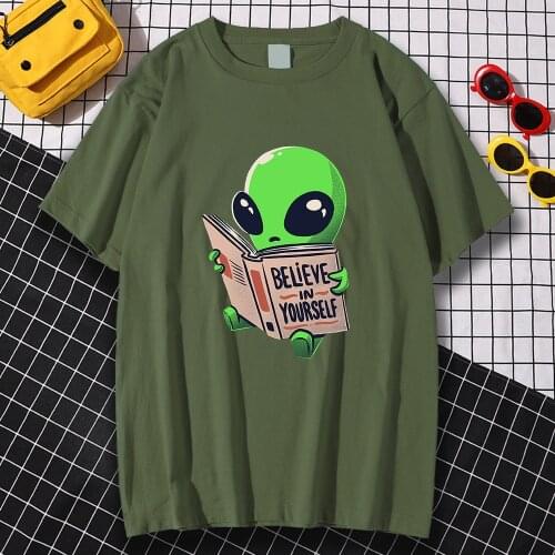 Green Alien Prints Believe In Yourself Men Tshirts Harajuku Breathable Tshirt Anime Summer Clothing Fashion Loose Mens T-Shirts