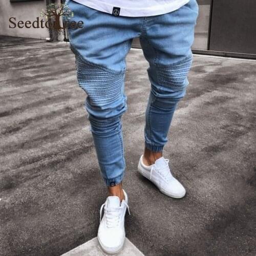 Mens Jeans Light Blue Pencil Pants Large Size Denim Trousers Solid Color Casual Pants