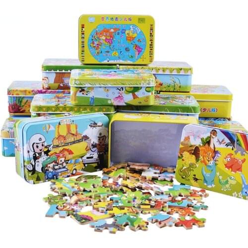DIY Creative 60 Pieces Wooden Puzzle Cartoon Animal Jigsaw Iron Box Early Learning Educational Toys Gifts For Children Kids Baby