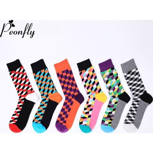 Peonfly Pair 1 Autumn Winter Harajuku Colorful Plaid Geometry Cotton Men Trend Streetwear Skateboard Socks