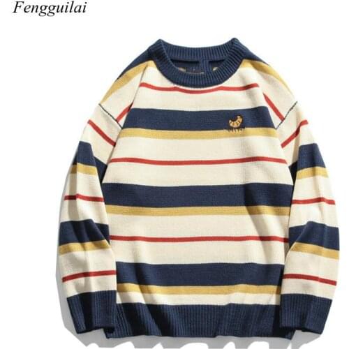 Striped Loose Couple Sweater Mens Fashion Warm Autumn New Korean Knitwear
