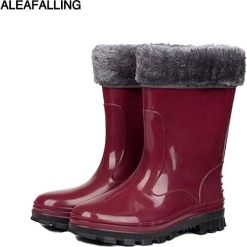 Aleafalling All-match Women Boots Girls Winter Rain Boots Flower Mid-calf Shoes Woman Sewing Solid Rubber Waterproof Botas W079