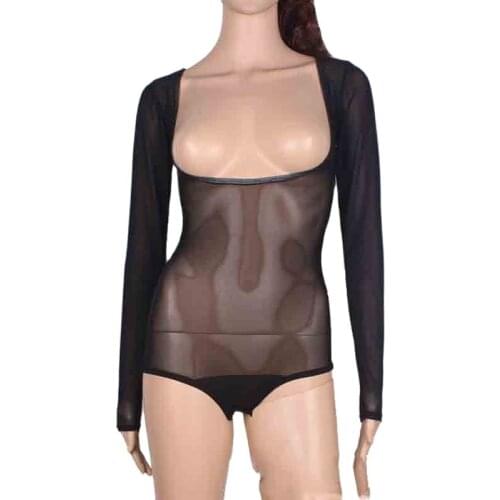 Sexy Mesh Transparent Low-Cut Tops Large U-neck Long Sleeve Dance Bottom Wear Sexy Nightclubs Bodysuit Open Crotch FX1025