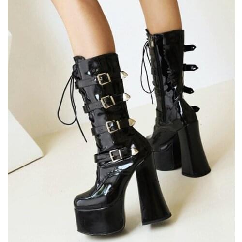 Metal Buckle Designer Shoes Comfortable Chunky Heel Platform Womens Boots Side Zip Black Calf Booty Customized Big Size 43