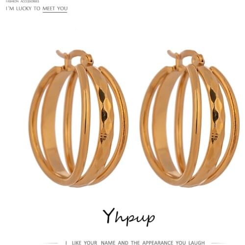 Yhpup Minimalist Round Layered Hollow Hoop Earrings for Women Stainless Steel Jewelry Charm Metal Texture Earrings Gift 2021