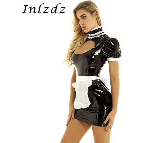 Womens Maid Cosplay Costume Wet Look Patent Leather High Neck Breast Hollow Out Bodycon Mini Dress with Apron Role Play Costume