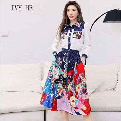 IVY HE High Quality Summer Dress Sets Woman Clothing Printed Shirt Elastic Waist Skirt Suit Traf Robe ZA Two Piece Set Women