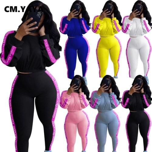 CM.YAYA Letter Splicing Knitted Womens Set Slash Neck Tops Legging Pants Set Ribbed Tracksuit Two Piece Outfit Active Sweatsuit