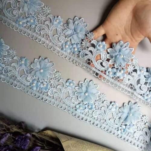 1 Yard Blue 9cm Pearl 3D Flower Tassel Lace Edge Trim Ribbon Fabric Embroidered Applique Sewing Craft Wedding Dress Clothes