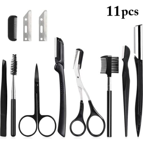11PCS Women Eyebrow Kit Portable Stainless Steel Eyebrow Trimming Remover Kit Eyebrow Care Kit Stainless Steel Cutting Tool