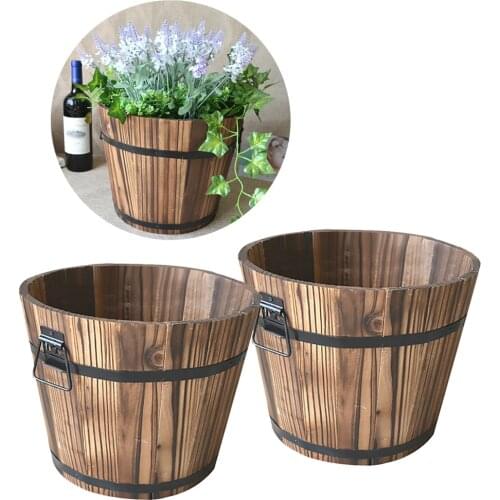 2 Pcs Wooden Planter Barrel Flower Pot Whisky Barrel Planter Container W/ Handle