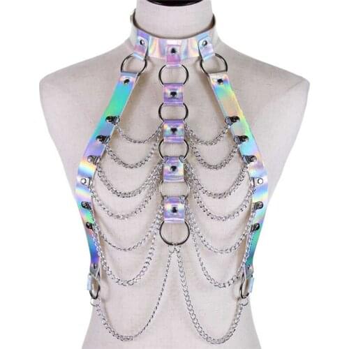 2020 New Women Harness Bondage Beach Bra Chain Collar Choker Chains Laser Leather Necklace Party Jewelry Statement Necklace