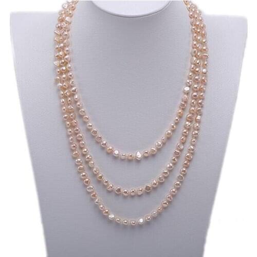 3 strands 6x7mm bright pink baroque flat pearl necklace natural freshwater pearl Woman Jewelry 35cm 14'' 43cm 17