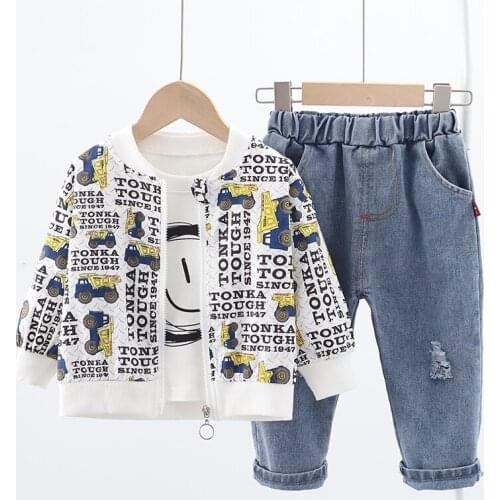 Cartoon Car Jacket Coat + Shirt + Jeans 3 pc/Set Baby Boys Clothes for Children Casual Outfits Infant 2021 Fall Kids Clothing
