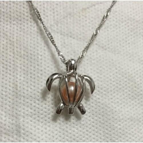 925 Silver Sea Turtle Pendant with Pearl+Chain, Sterling Silver Cage Locket Necklace Fashion DIY Charm Jewellery Gift