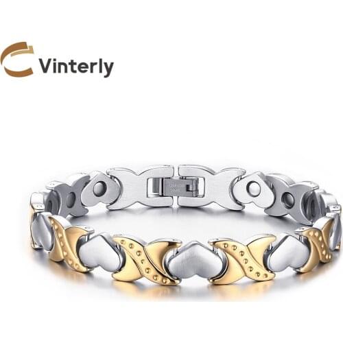 Vinterly Heart Women Bracelet Chain Link Gold-color Energy Bracelet Femme Hologram Stainless Steel Magnetic Bracelets for Women