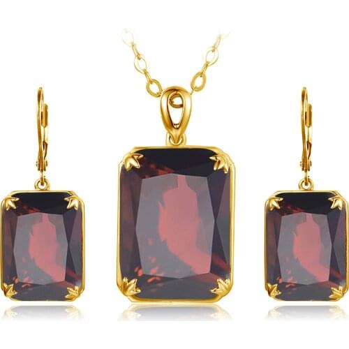 Exquisite Jewelry Sets 18k Gold Plated Real 925 Silver Necklace Pendant Earrings Set Red Garnet Stone Silver Fine Jewelry Sets