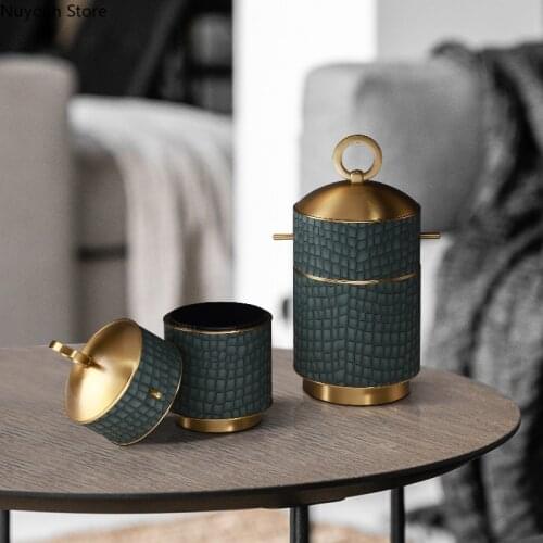 Chinese-style Metal Leather Storage Tank Desktop Decorations Living Room Decoration Crafts Furnishings Luxury Home Decoration