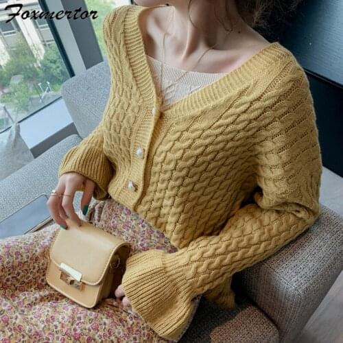New 2020 Autumn Winter Womens Sweaters Korean Style Button Cardigan Casual Hollow Out Knitted Cardigans