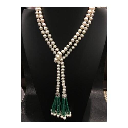 7-8MM Natural Freshwater Pearl Sweater Necklace Green Jade Tassel Necklace 50inch