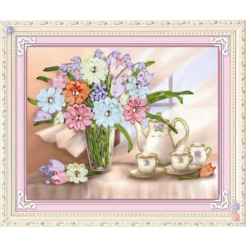 Needlework,DIY Ribbon Cross stitch Sets for Embroidery kit,Teaport Vase Floral flower ribbon Cross-Stitch handwork wedding decor