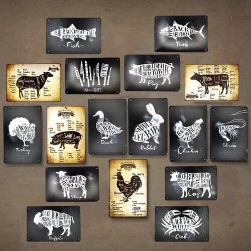 Pig Chicken Beef Cuts Organic Free Range Plaque Animals Vintage Metal Poster Kitchen Supermarket Wall Art Iron Painting Tin Sign